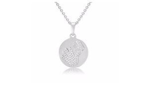 Sterling Silver Diamond Accent Double Hand Round Pendant with 18″ Chain