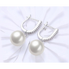 White Swarovski Elements Thin Dangling Freshwater Pearl Earrings in 14K White Gold Plating