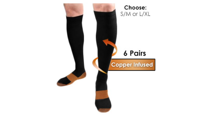 6 or 12 Pairs: Copper Infused Compression Socks - Reduces Pain and Swelling in Calves & Ankles - Ships Same/Next Day!