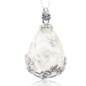 Sterling Silver Quartz Teardrop Necklace With Rose Accents, 18 Inches - Ships Same/Next Day!