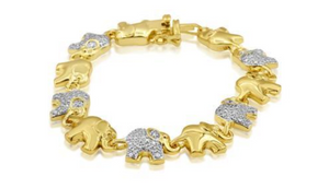 Diamond Accent Elephant Bracelet In Yellow Gold Overlay, 7 Inches - Ships Same/Next Day!