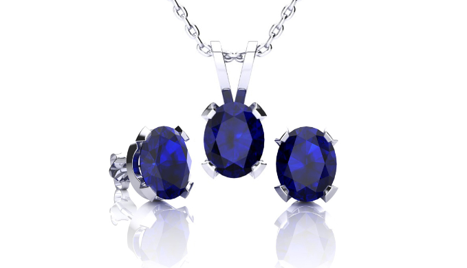 1 3/4 Carat Oval Shape Sapphire Necklace and Earring Set In Sterling Silver - Ships Same/Next Day!