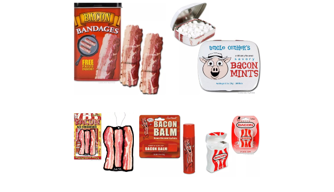 Bacon Lovers: 5 Piece Bath/Grooming Kit - Bacon Bandages, Air Freshener, Floss, Lip Balm & Mints!