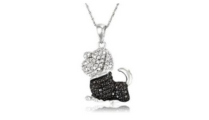 Sterling Silver Black & White Diamond Accent Dog Pendant With Chain - Ships Quick!