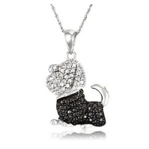 Sterling Silver Black & White Diamond Accent Dog Pendant With Chain - Ships Quick!
