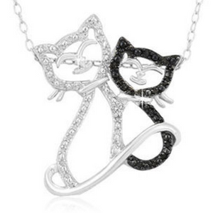 Sterling Silver Black Diamond Accent Double Cat Pendant with 18" Chain - Guaranteed by Mother's Day* + FREE RETURNS!