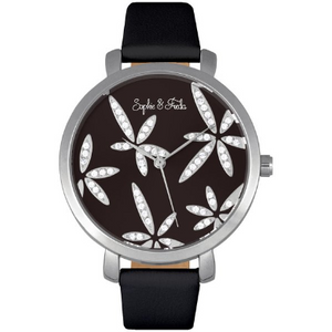 Sophie & Freda Key West Leather-Band Watch w/Swarovski Crystals - Silver/Black - Ships Next Business Day!
