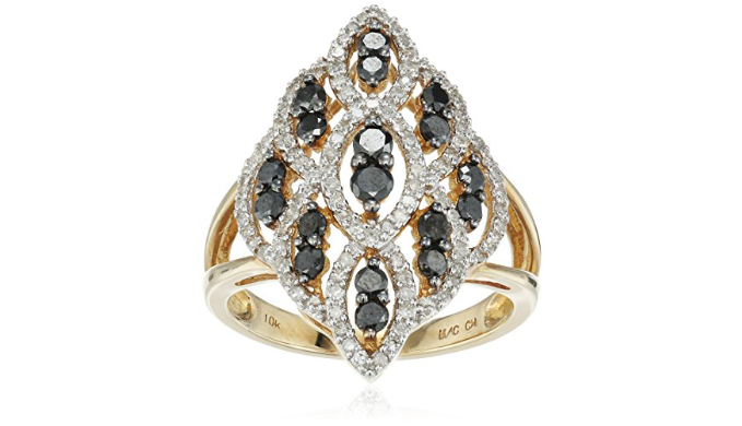 Classy cocktail ring featuring black and white diamonds in 10KT yellow gold -Ships Next Day!