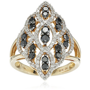 Classy cocktail ring featuring black and white diamonds in 10KT yellow gold -Ships Next Day!