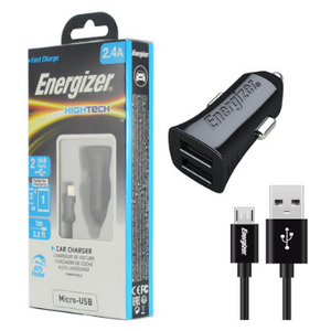 Energizer Hightech Dual Fast Charge Car Charger + Apple/LG Type C, Micro USB or Lightning Cables - Ships Quick!