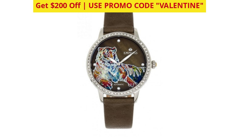 $200 Off + Free Returns: Empress Diana Automatic Engraved Leather Band Watches - Ships Quick! Olive