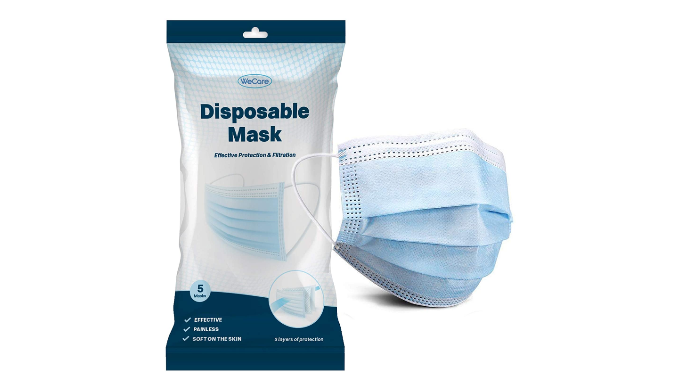 5-Pack: WeCare Disposable 3 Ply Face Masks - Soft on Skin - Effective Filtration