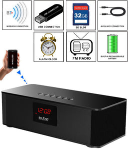 Boytone Portable Wireless Bluetooth FM Radio Alarm Clock Speaker with Built–in 8 Hour Rechargeable Battery, Mic, LED Display, USB & Micro SD Slot!