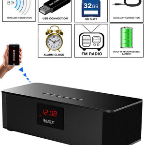 Boytone Portable Wireless Bluetooth FM Radio Alarm Clock Speaker with Built–in 8 Hour Rechargeable Battery, Mic, LED Display, USB & Micro SD Slot!