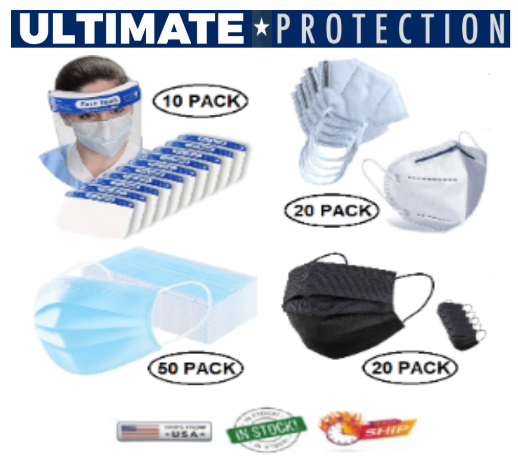 PRICE REDUCED: THE ULTIMATE 100-PIECE 3PLY MASKS KN95 FACE SHIELDS PROTECTION BUNDLE - FAST FREE SHIPPING FROM USA!
